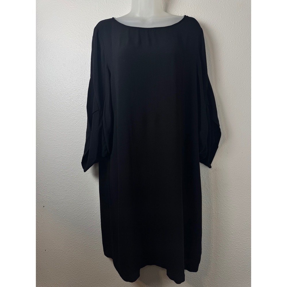 Eileen Fisher Black 100% Silk Tulip Sleeve Shift Dress Medium Minimalist Chic